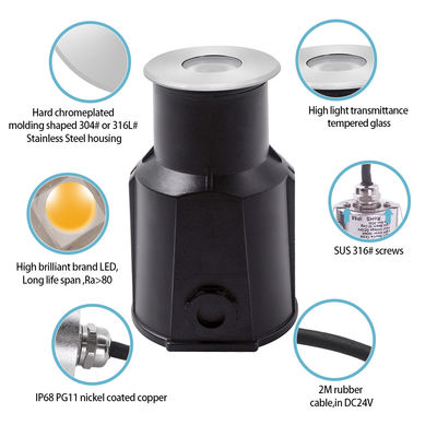 ミニ 収納式 1W 2W LED 地下プールライト IP68 3000k 12V / 24V DC