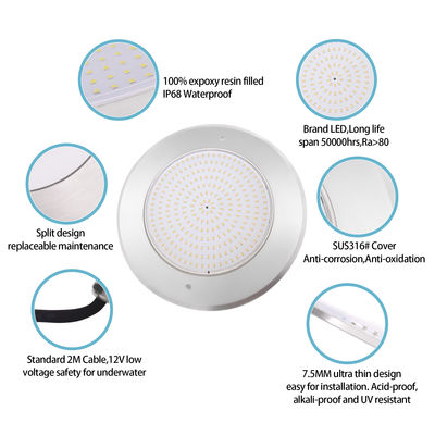 LED水中プールライト IP68 超薄 7.5mm AC12V 316 ステンレス鋼 RGBW SMD リモコン付き