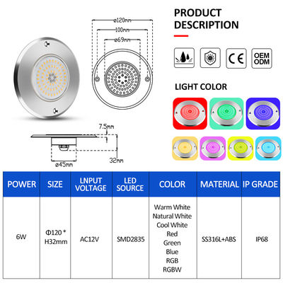 RGB Ultra Slim IP68 スイミングプール照明 LED SS316Lハウジング 統合型 SMD2835 6w 水中防水灯