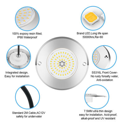 RGB Ultra Slim IP68 スイミングプール照明 LED SS316Lハウジング 統合型 SMD2835 6w 水中防水灯