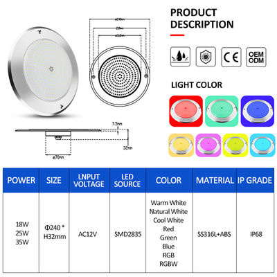 水中の LED プールライト 316 ステンレス 鋼 25W Smd2835 樹脂で満たされた Rgb 3000K