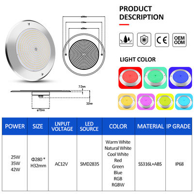 水中の LED プールライト 316 ステンレス 鋼 25W Smd2835 樹脂 充填 3000K RGB プールランプ SMD 2835 AC 12v IP68 完全防水