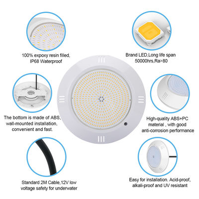 エポキシ樹脂で満たされた水中プールライト 壁掛けABSハウジング IP68 AC12V 18W Dia 260mm