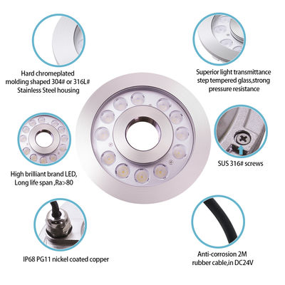 丸型噴水 IP68 ステンレス鋼 DMX制御 RGB 24V LED水中ライト 12W 24W 36W