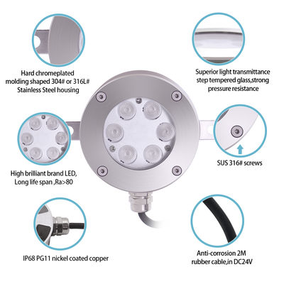 DMX512 コントロール可能なLED噴水灯 DC24V 12W 3000Kステンレスステール IP68 景観水下用