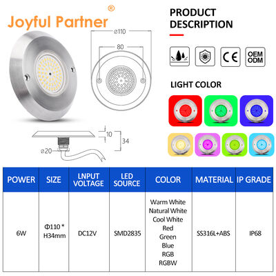 6W 超薄型水中 PAR56 プールランプ SMD LED 2835 防水 110x34MM DC12V/AC12V