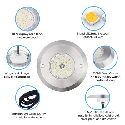LEDプールライト DC12V 42W 厚さ10MM 統合 SMD 2835 RGB 色変更 樹脂充填 ステンレス鋼材