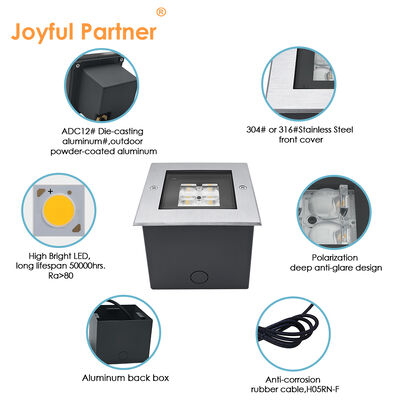 スクウェア・スチール・イングラウンド・アップ・ライト AC100-240V 4*2W LED 316 ステンレス・スチール・トリム 0.5M 電線付き